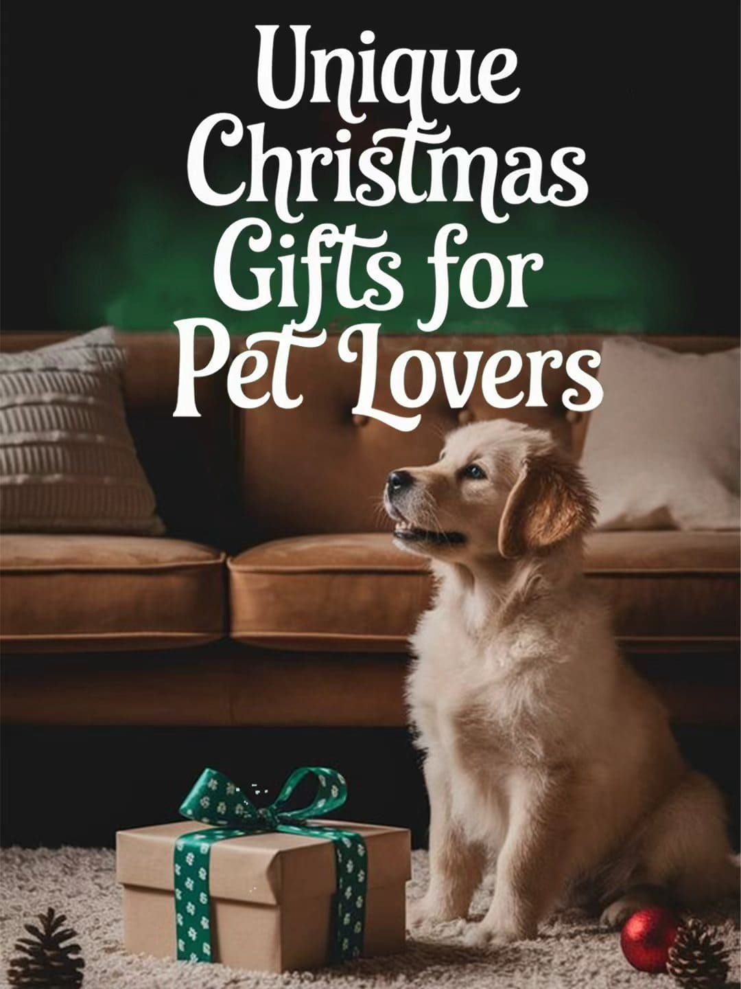 An adorable Golden Retriever puppy sits on a cozy living room rug next to a Christmas gift wrapped with a green ribbon. A brown sofa is in the background, and the image is overlaid with the title: "Unique Christmas Gifts for Pet Lovers