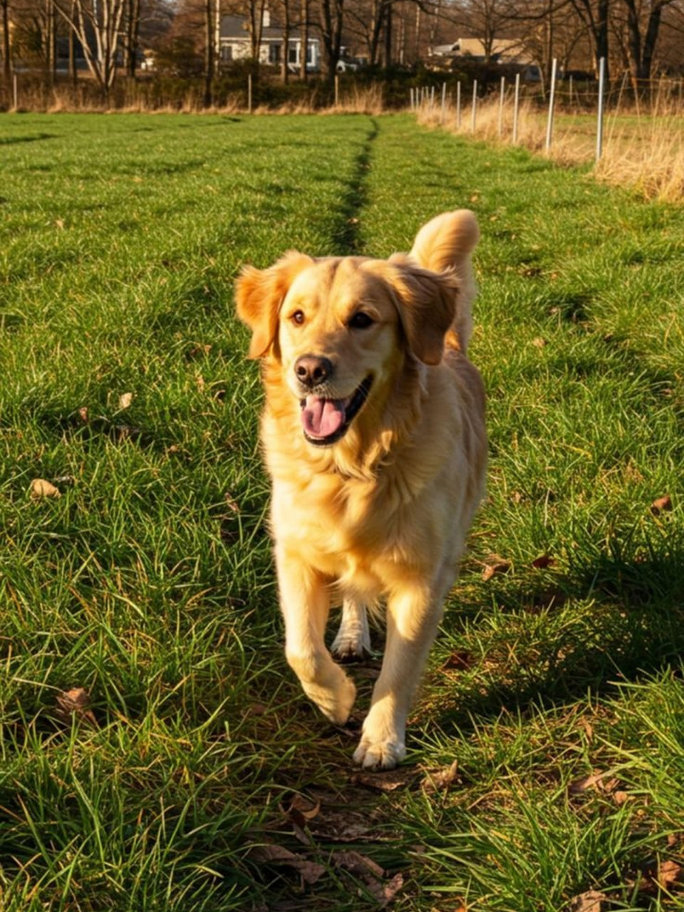 A smiling silver-haired man affectionately hugs a lovely Golden Retriever outdoors. The background is a sun-dappled woodland.