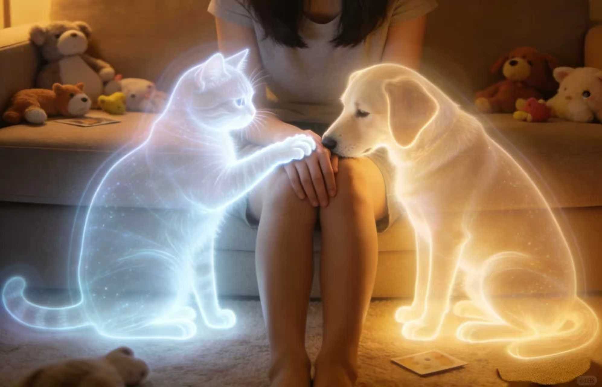 Glowing pet spirits touching noses, symbolizing healing memorial and remembrance.