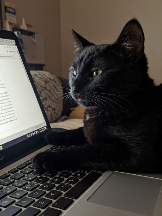 Black cat sitting attentively at a laptop, symbolizing emotional cat stories and pet comfort during grief. This touching image reflects the silent companionship of cats after losing a loved one.