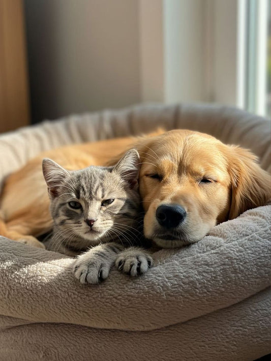 A cat and a golden retriever lying down