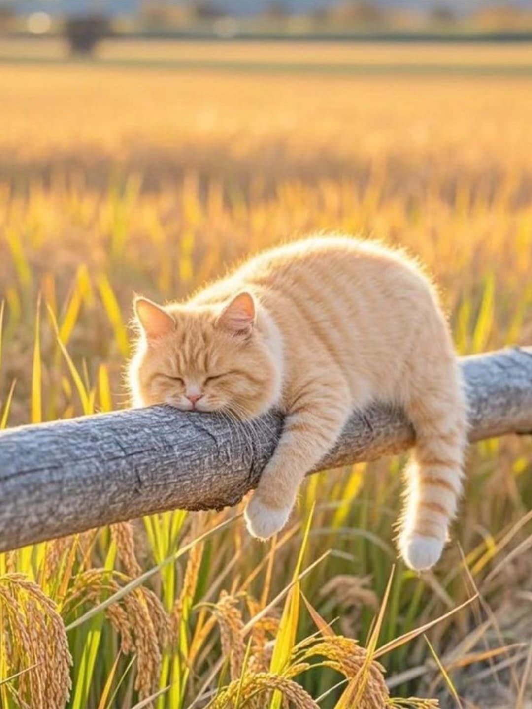 A relaxed yellow striped cat napping on a log in a sunlit field, capturing a serene and tranquil moment in nature.