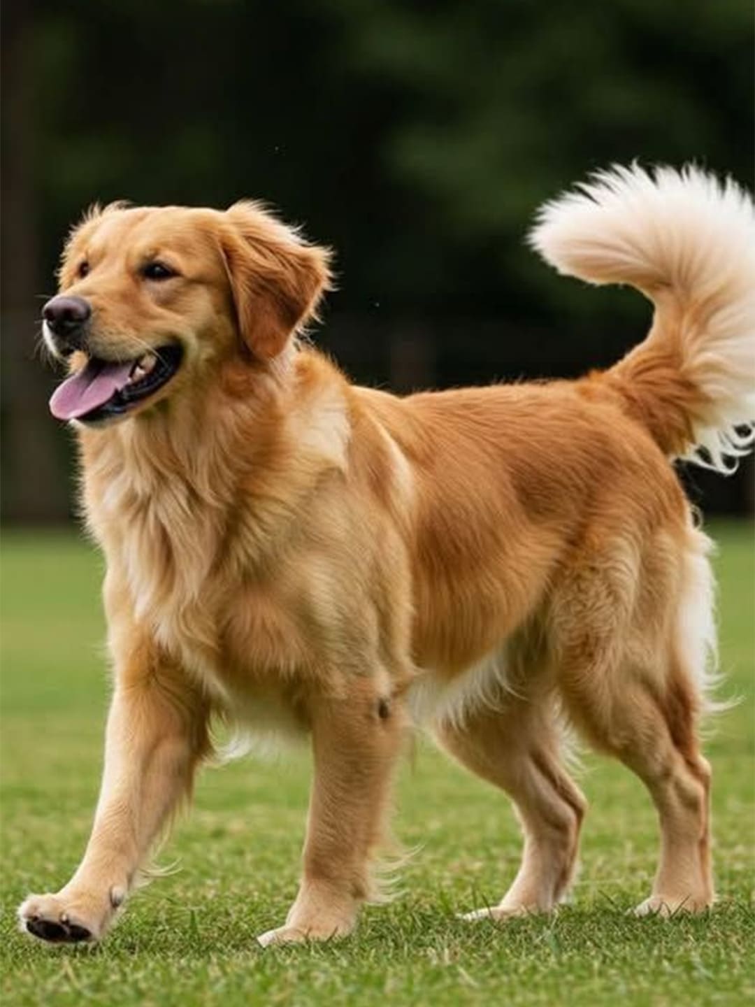 A golden Golden Retriever stands on lush green grass, its tail curled, mouth slightly open, and tongue extended, looking very happy and lively. Its fur is fluffy, and its eyes are friendly, depicting a dog playing outdoors.
