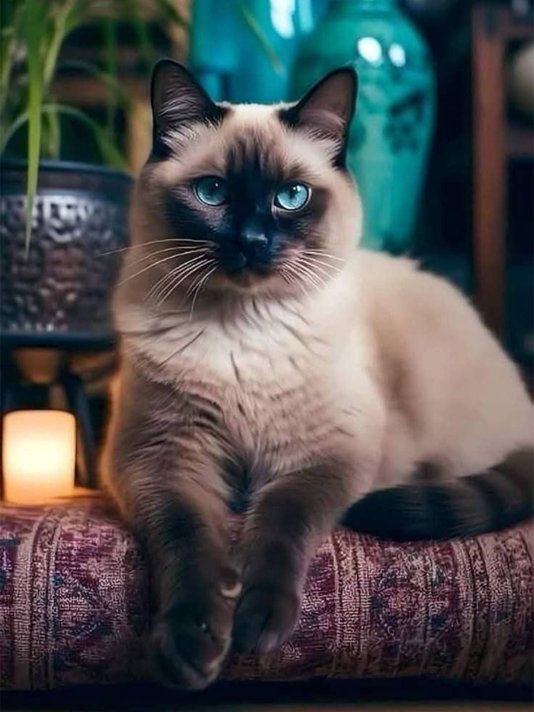 This is a Siamese cat lying on the table