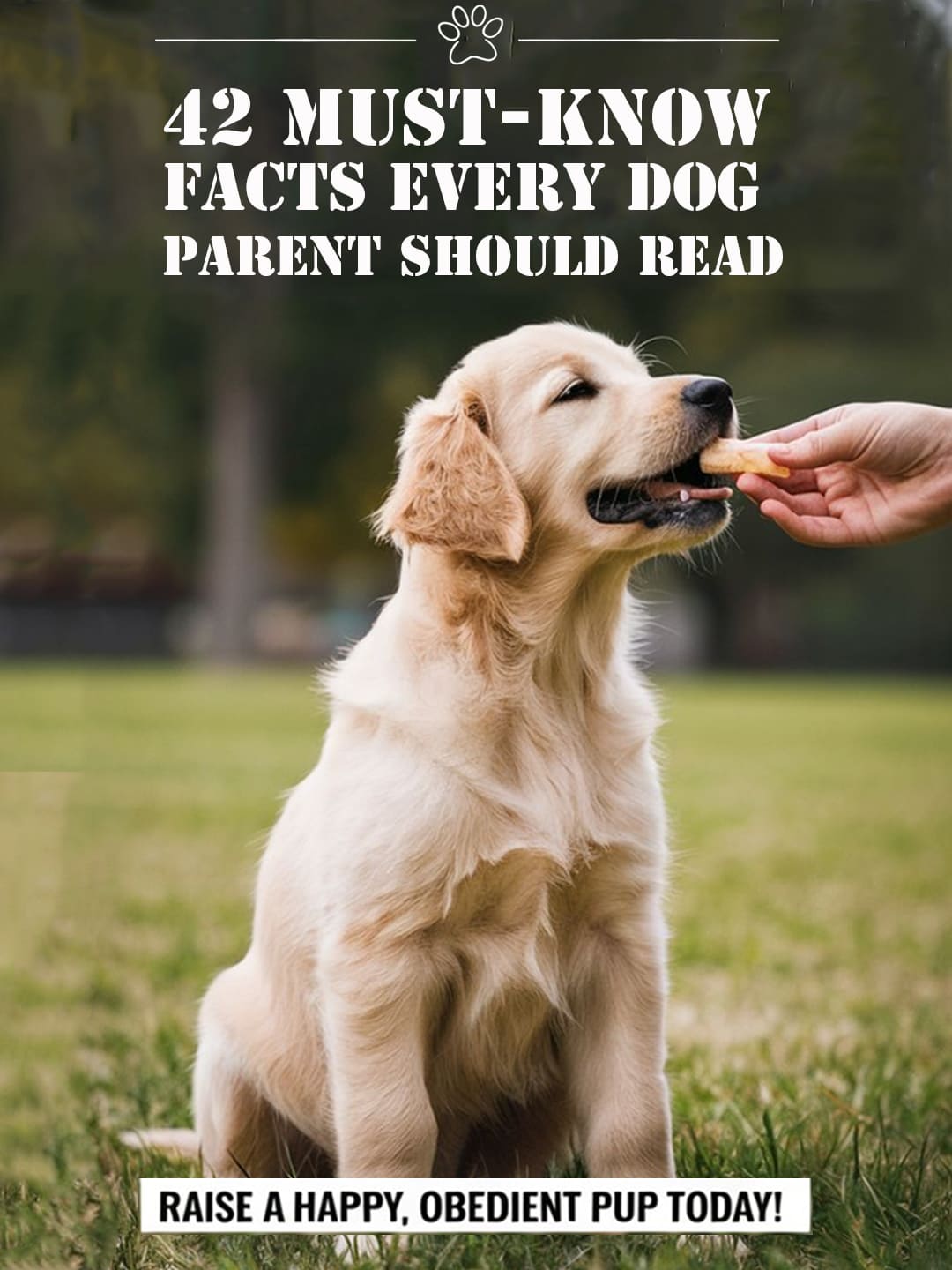 A cute Golden Retriever puppy receives a treat on a grassy lawn.
