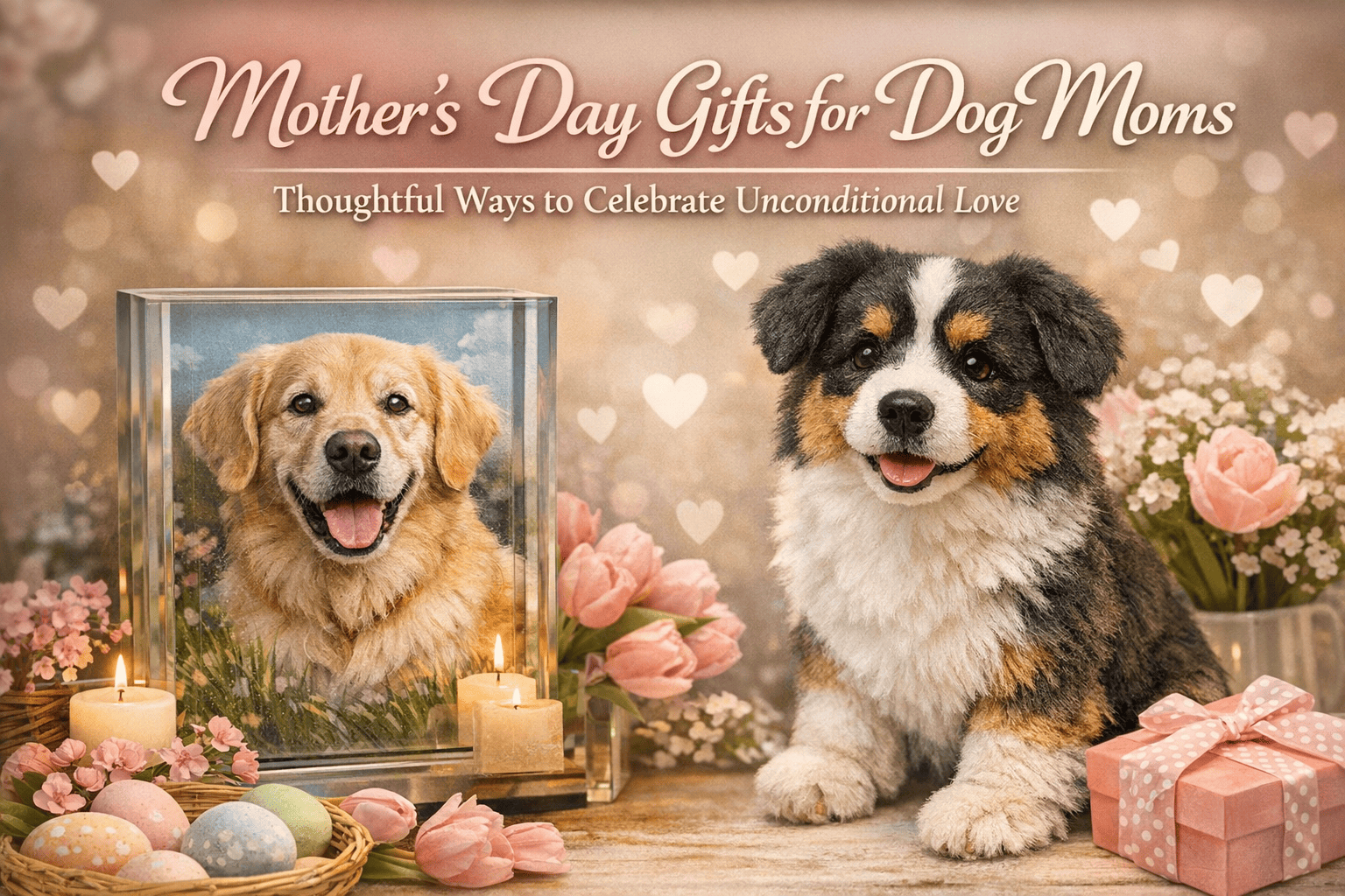 Elegant pet memorial gift display featuring custom dog photo glass block and plushie, perfect for Mother's Day dog mom gifts.