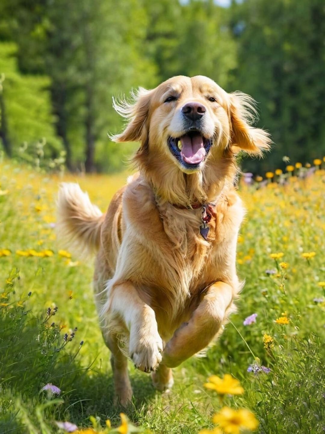 A golden Golden Retriever runs outdoors, leaning forward with light, energetic strides. The background features sunny green grass and blurred trees, showcasing the joy of exercise.