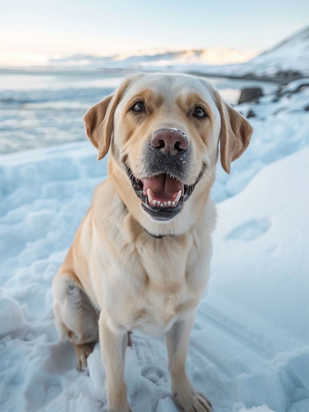 A golden Labrador Retriever sits in the snow, smiling happily at the camera with its tongue slightly out. The background features snow-covered mountains and distant water, depicting a dog enjoying winter outdoor activities.