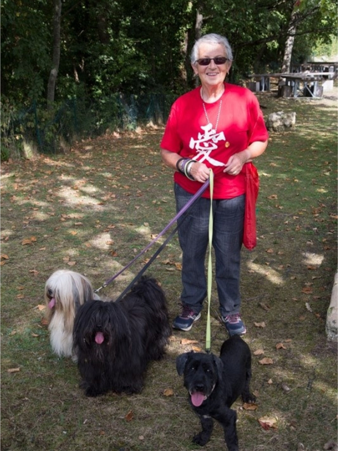 An old woman in red clothes leads her three puppies