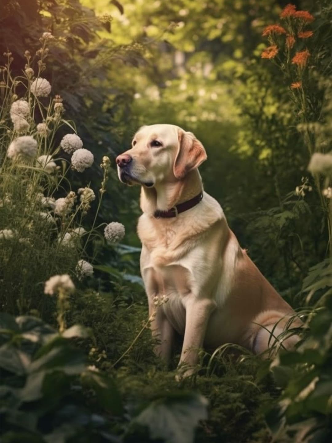 A light yellow Labrador Retriever sits calmly amidst lush green foliage and white wildflowers, its head turned to the side with a gentle gaze. Sunlight filters through the leaves, creating a dreamy natural scene.
