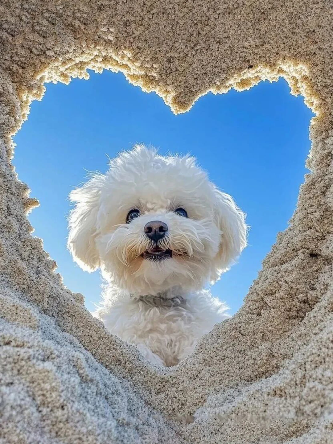 Through a heart-shaped sand cutout on the beach, a cute white Bichon Frise is seen looking up at the blue sky, with fluffy fur.