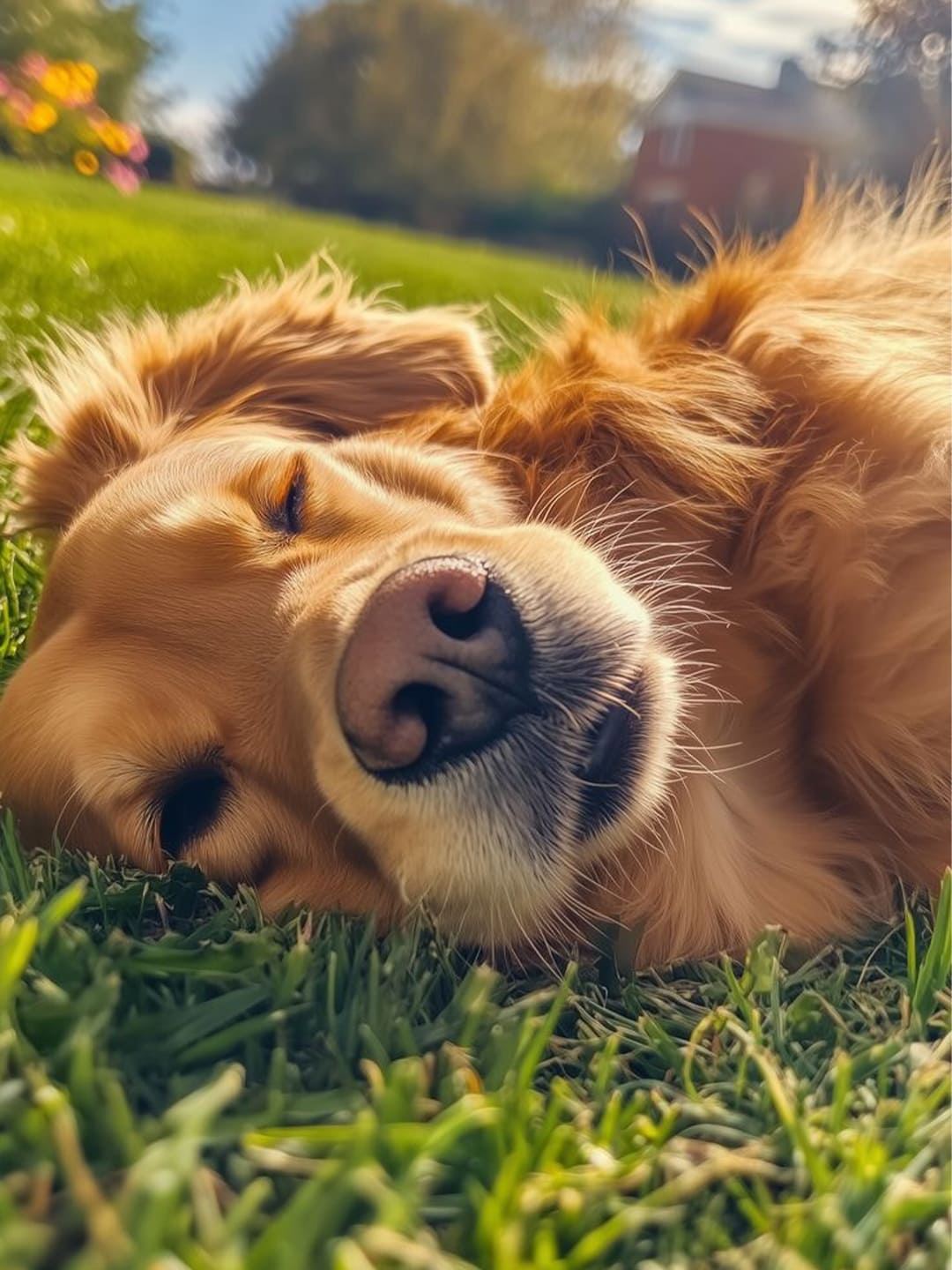 A golden Golden Retriever is seen lying comfortably on an outdoor grassy area under the golden glow of the setting sun, enjoying a peaceful moment. The dog's fur shines in the sunlight, depicting a relaxed posture.